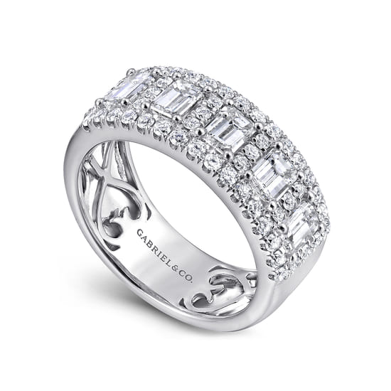 Wide 14K White Gold Emerald Cut and Round Diamond Anniversary Band angle 3
