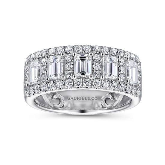 Wide 14K White Gold Emerald Cut and Round Diamond Anniversary Band angle 4