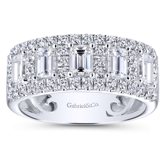 Wide 14K White Gold Emerald Cut and Round Diamond Anniversary Band angle 5