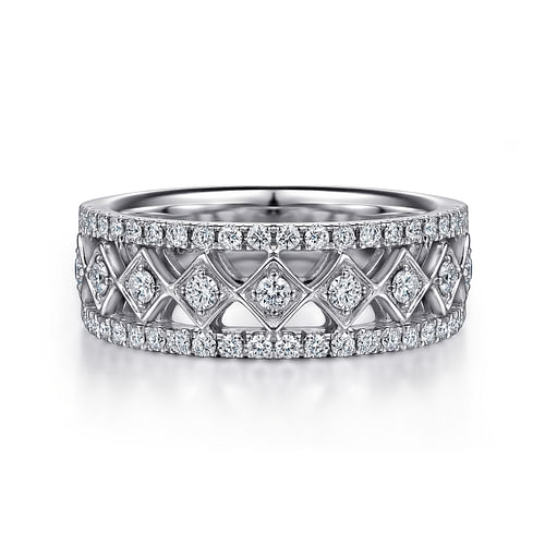 Wide 14K White Gold Geometric Diamond Anniversary Band