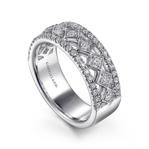 Wide 14K White Gold Geometric Diamond Anniversary Band