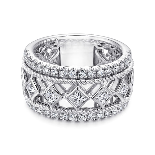 Wide 14K White Gold Geometric Princess Cut and Round Diamond Anniversary Band