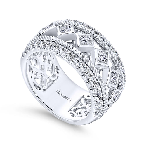 Wide 14K White Gold Geometric Princess Cut and Round Diamond Anniversary Band