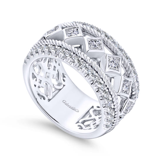 Wide 14K White Gold Geometric Princess Cut and Round Diamond Anniversary Band angle 3 Wide 14K White Gold Geometric Princess Cut and Round Diamond Anniversary Band angle 3