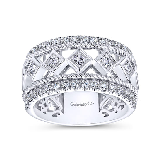 Wide 14K White Gold Geometric Princess Cut and Round Diamond Anniversary Band angle 4 Wide 14K White Gold Geometric Princess Cut and Round Diamond Anniversary Band angle 4