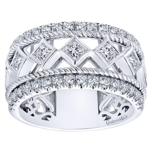 Wide 14K White Gold Geometric Princess Cut and Round Diamond Anniversary Band