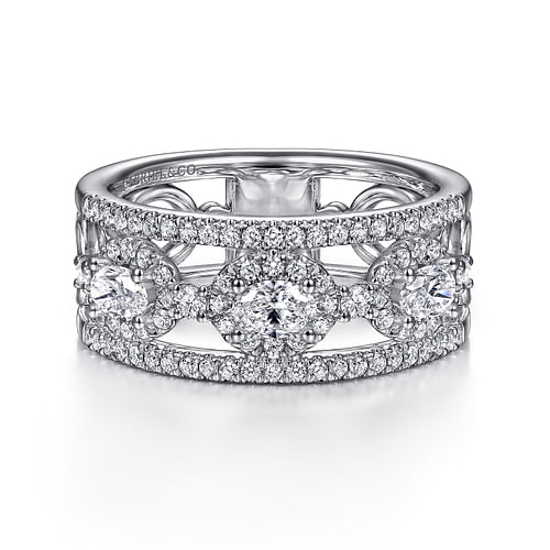 Wide 14K White Gold Oval and Round Diamond Anniversary Band