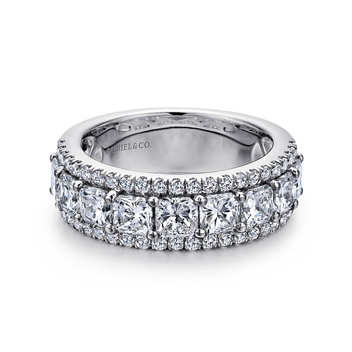 Wide 14K White Gold Radiant Cut and Round Diamond Anniversary Band