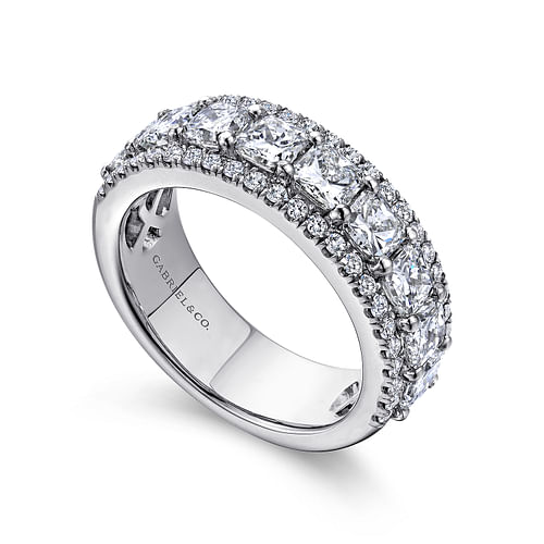 Wide 14K White Gold Radiant Cut and Round Diamond Anniversary Band