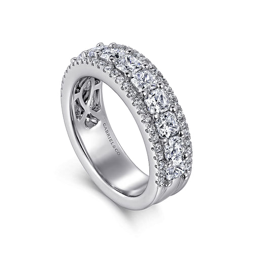 Wide 14K White Gold Radiant Cut and Round Diamond Anniversary Band