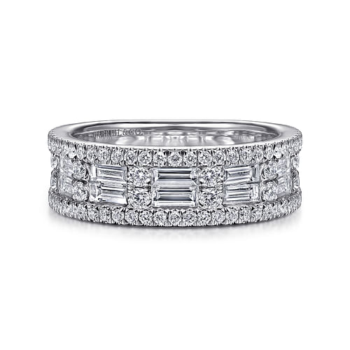 Wide 14K White Gold Round and Baguette Diamond Anniversary Band