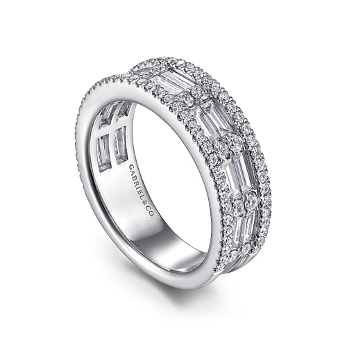 Wide 14K White Gold Round and Baguette Diamond Anniversary Band