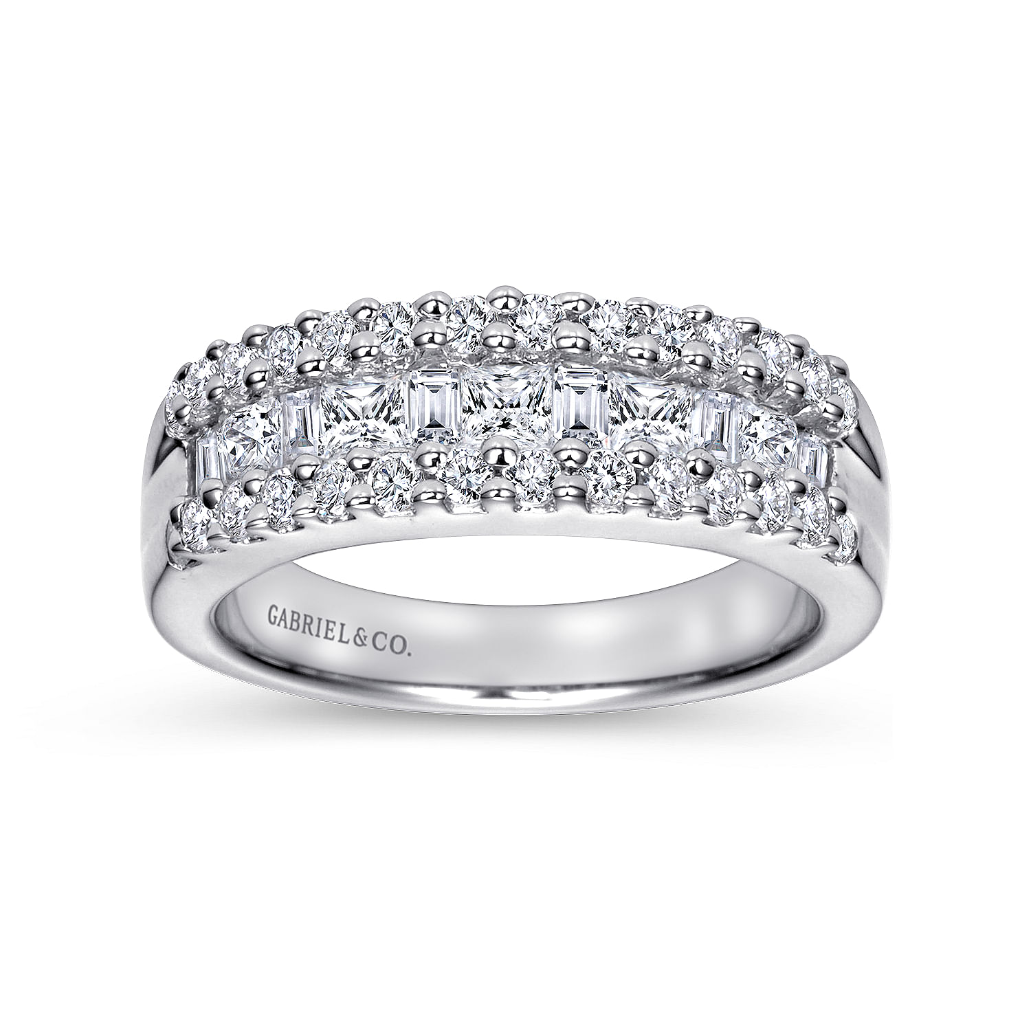 Wide 14K White Gold Round and Baguette Diamond Anniversary Band