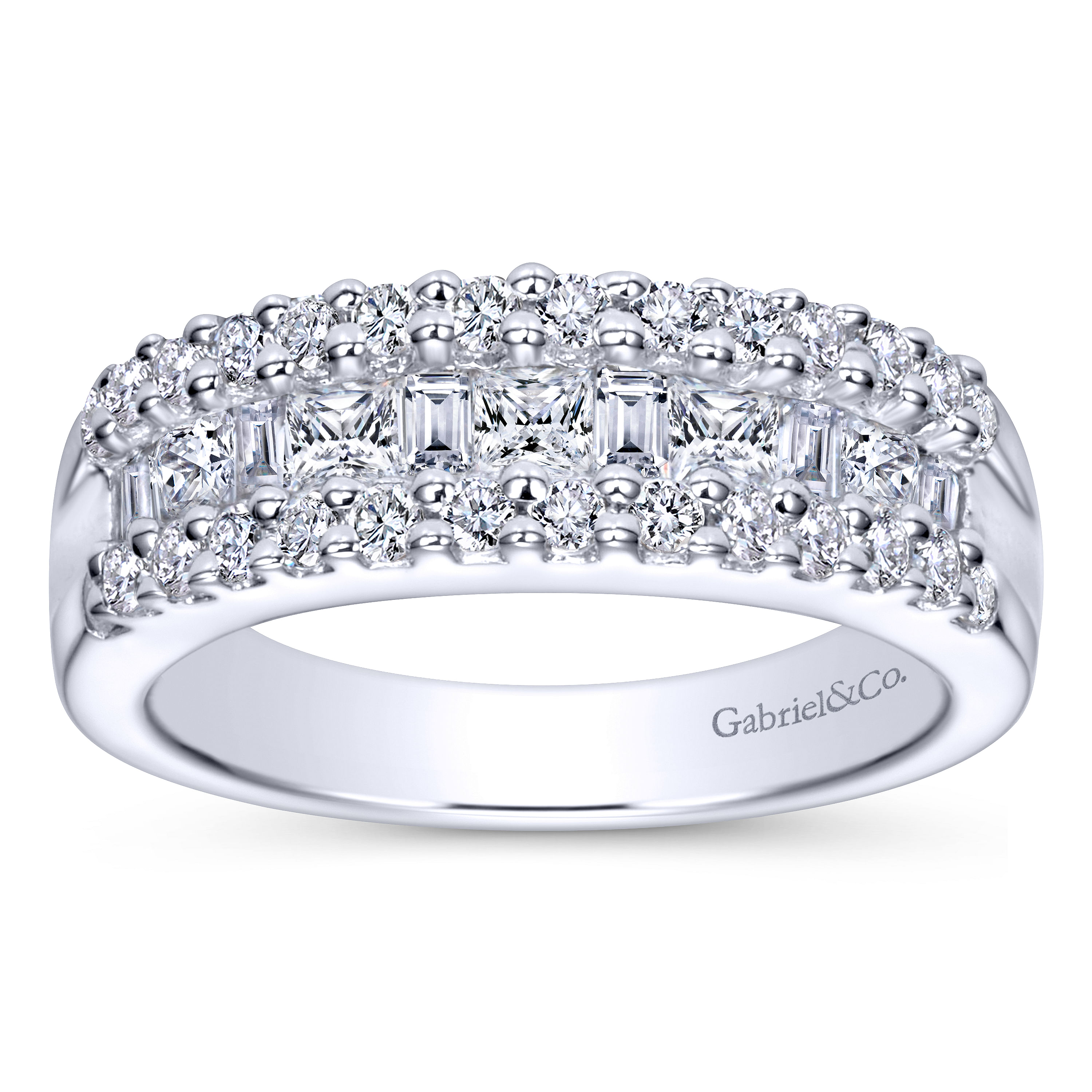 Wide 14K White Gold Round and Baguette Diamond Anniversary Band