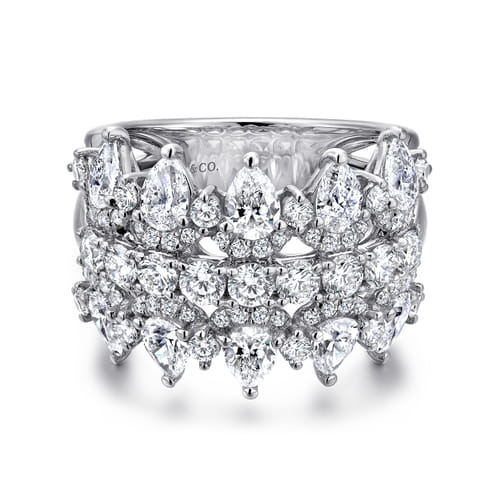 Wide 14K White Gold Round and Pear Shaped Diamond Anniversary Band