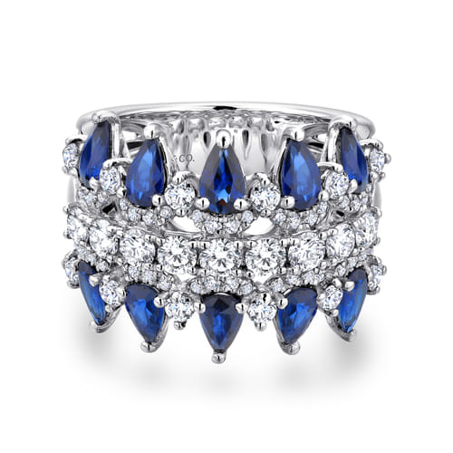 Wide 14K White Gold Round and Pear Shaped Diamond and Sapphire Anniversary Band