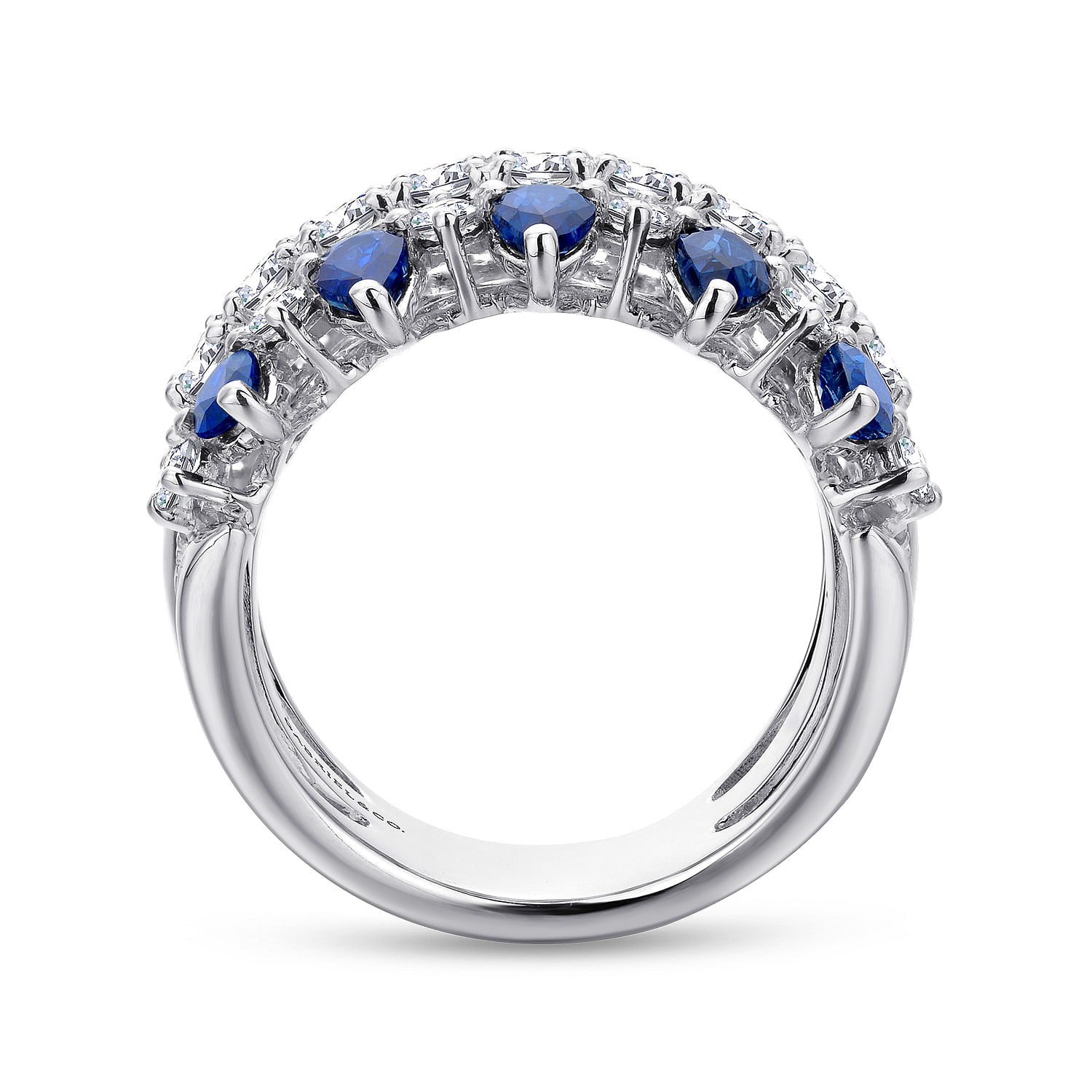 Wide 14K White Gold Round and Pear Shaped Diamond and Sapphire Anniversary Band