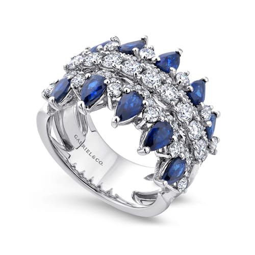 Wide 14K White Gold Round and Pear Shaped Diamond and Sapphire Anniversary Band