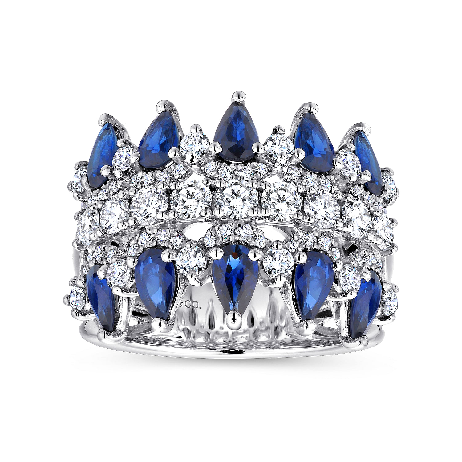 Wide 14K White Gold Round and Pear Shaped Diamond and Sapphire Anniversary Band