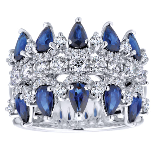 Wide 14K White Gold Round and Pear Shaped Diamond and Sapphire Anniversary Band