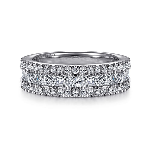 Wide 14K White Gold Round and Princess Cut Diamond Anniversary Band