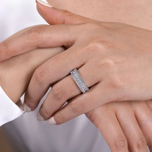 Wide 14K White Gold Round and Princess Cut Diamond Anniversary Band