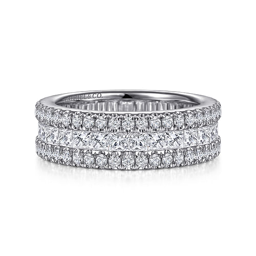 Wide 14K White Gold Round and Princess Cut Diamond Anniversary Band