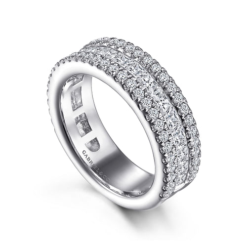 Wide 14K White Gold Round and Princess Cut Diamond Anniversary Band