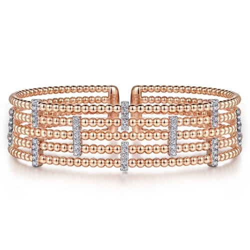 Wide 14K White-Rose Gold Bujukan Cuff Bangle with Diamond Bar Stations