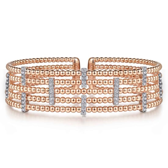 Wide 14K White-Rose Gold Bujukan Cuff Bangle with Diamond Bar Stations