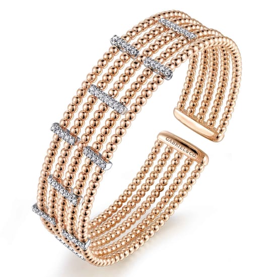 Wide 14K White-Rose Gold Bujukan Cuff Bangle with Diamond Bar Stations angle 2