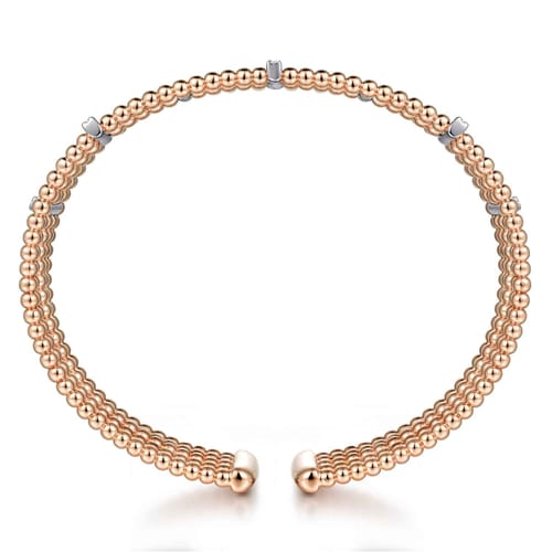 Wide 14K White-Rose Gold Bujukan Cuff Bangle with Diamond Bar Stations