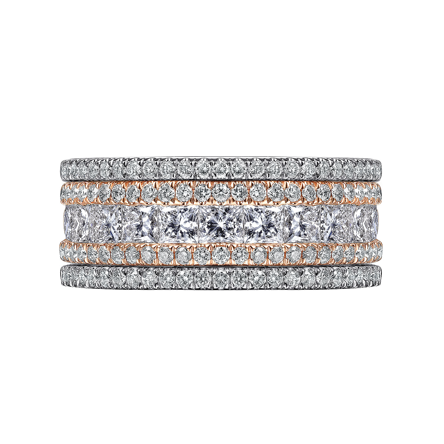 Wide 14K White-Rose Gold Channel Set Diamond  Anniversary Band with Round and Princess Cut Diamonds