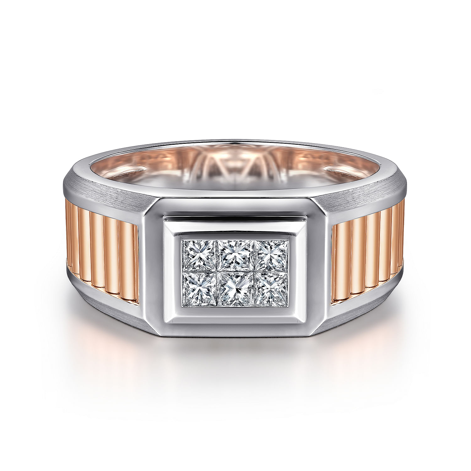 Wide 14K White-Rose Gold Ring with Pavé Diamonds in High Polished Finish