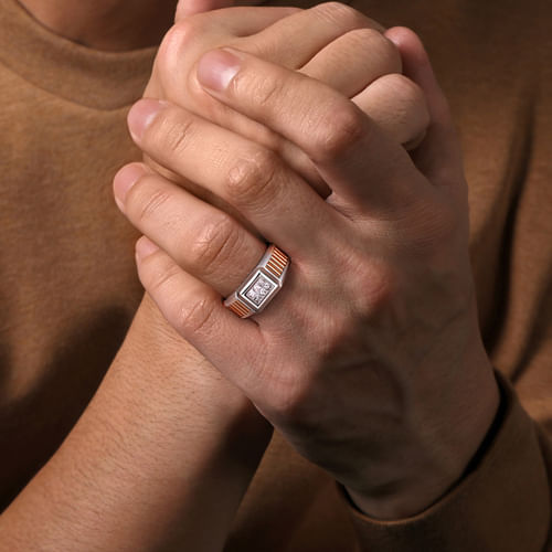 Wide 14K White-Rose Gold Ring with Pavé Diamonds in High Polished Finish