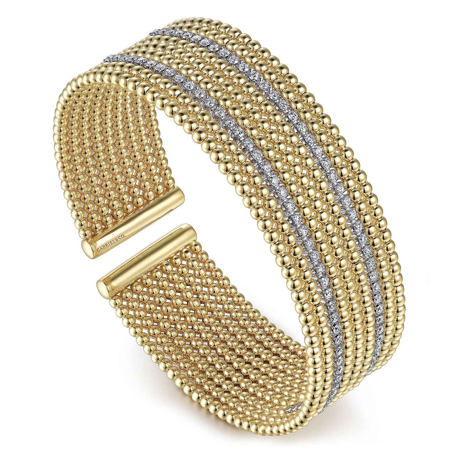 Wide 14K White-Yellow Gold Bujukan Bead Cuff Bracelet with Diamond Channels