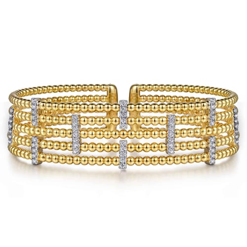 Wide 14K White-Yellow Gold Bujukan Cuff Bangle with Diamond Bar Stations