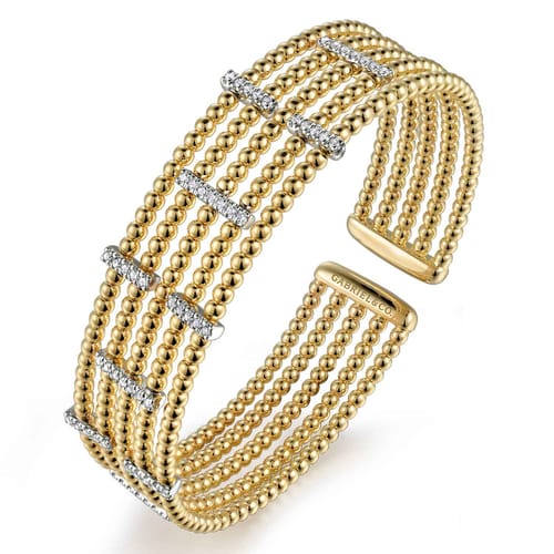 Wide 14K White-Yellow Gold Bujukan Cuff Bangle with Diamond Bar Stations