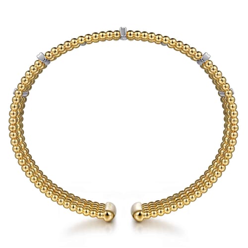 Wide 14K White-Yellow Gold Bujukan Cuff Bangle with Diamond Bar Stations