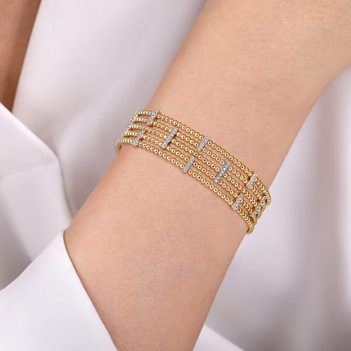 Wide 14K White-Yellow Gold Bujukan Cuff Bangle with Diamond Bar Stations