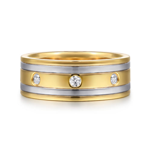 Wide 14K White-Yellow Gold Diamond Mens Band in High Polish Finish