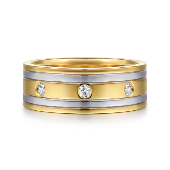 Wide 14K White-Yellow Gold Diamond Mens Band in High Polish Finish