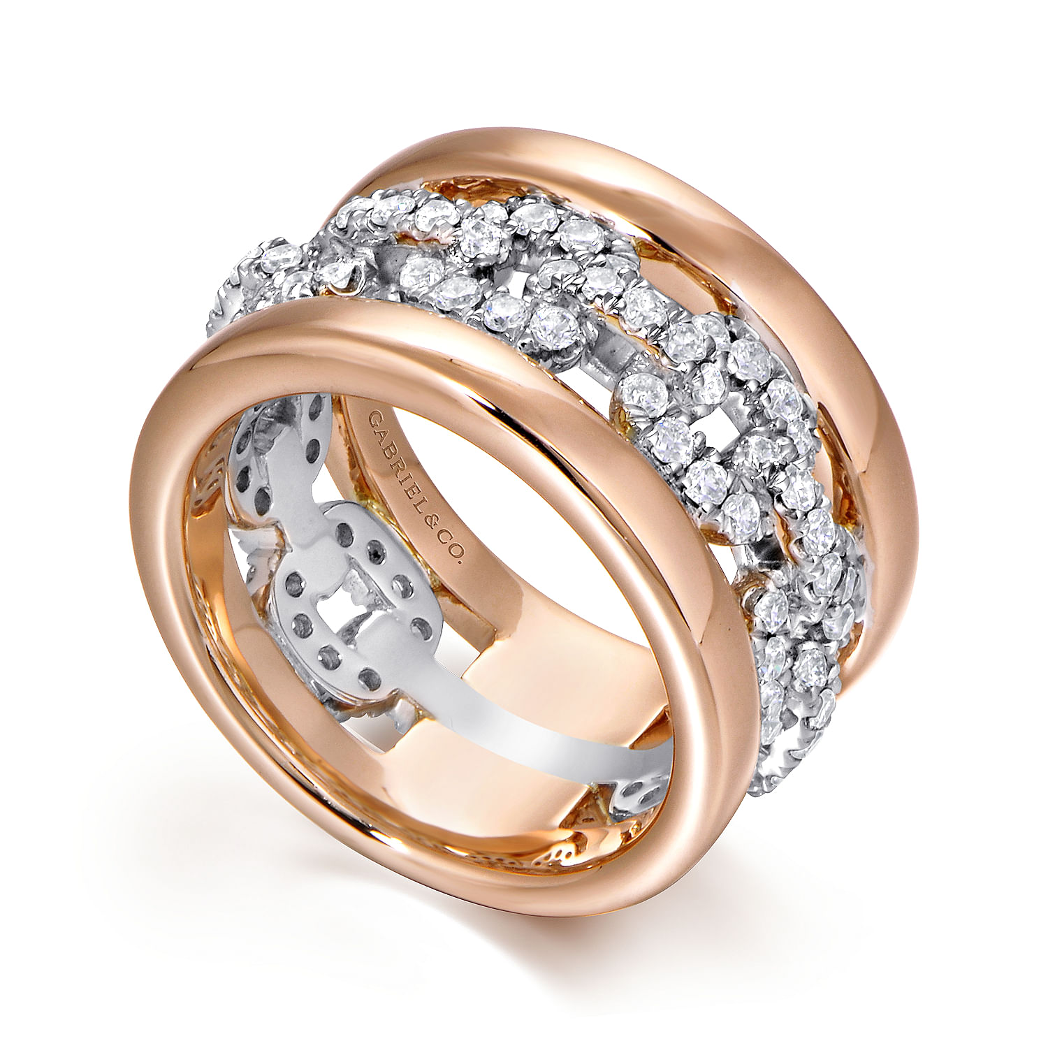 Wide 14K White and Rose Gold Fancy Diamond Anniversary Band