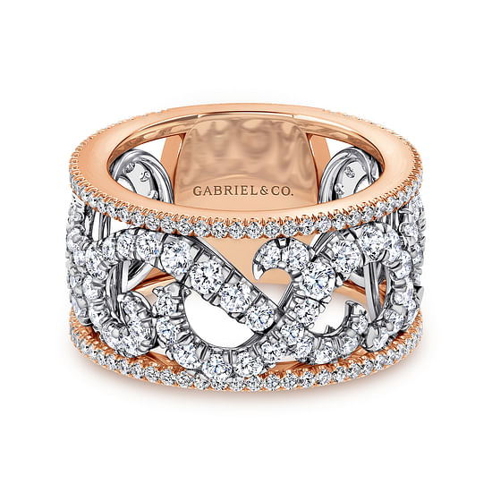 Gabriel - Wide 14K White and Rose Gold French Pavé Set Scrollwork Design Diamond Ring