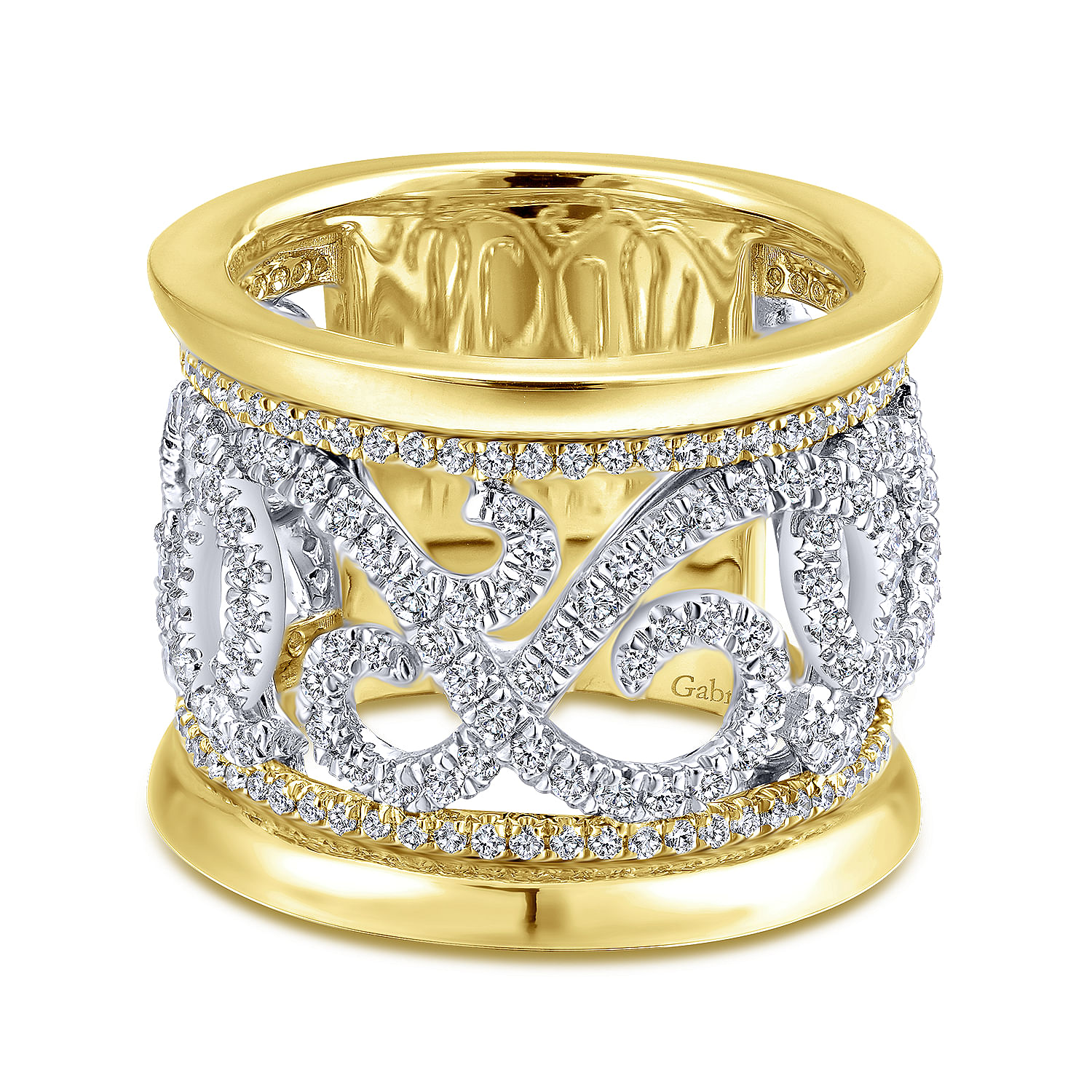 Wide 14K White and Yellow Gold French Pavé Set Fancy Diamond Anniversary Ring