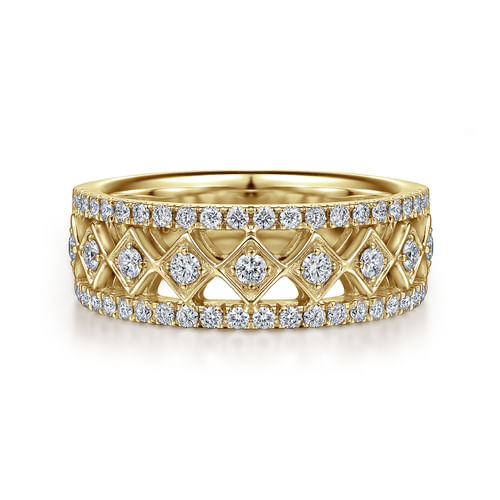 Wide 14K Yellow  Gold Geometric Diamond Anniversary Band