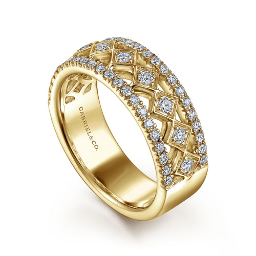 Wide 14K Yellow  Gold Geometric Diamond Anniversary Band