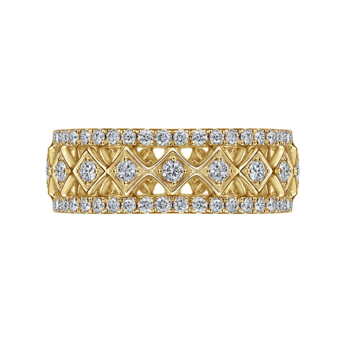 Wide 14K Yellow  Gold Geometric Diamond Anniversary Band