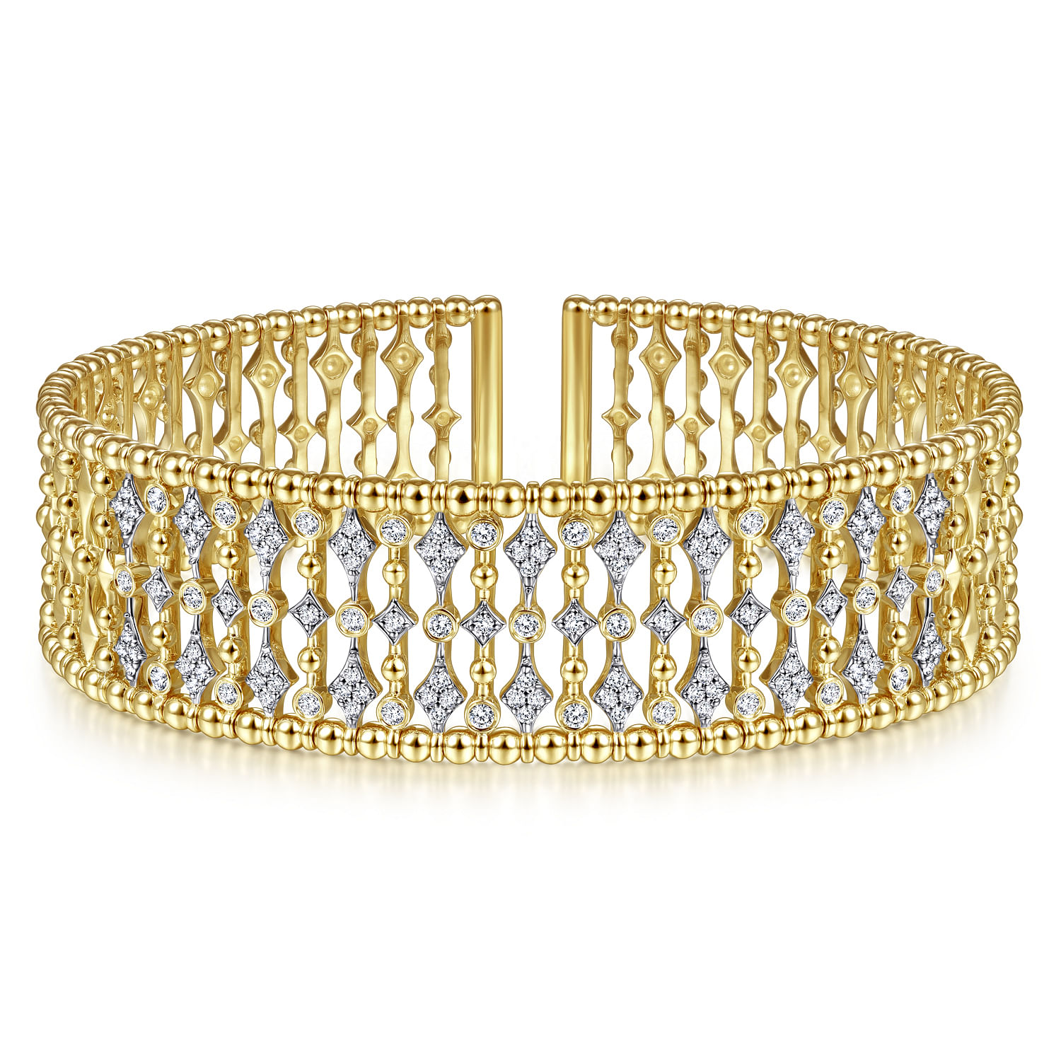Gabriel - Wide 14K Yellow Gold Cage Cuff Bracelet with Diamond Stations