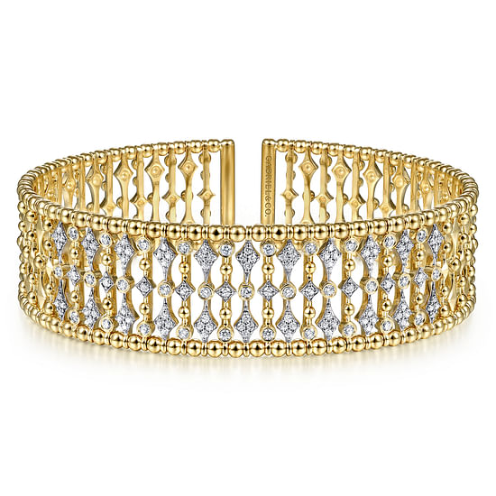 Gabriel - Wide 14K Yellow Gold Cage Cuff Bracelet with Diamond Stations